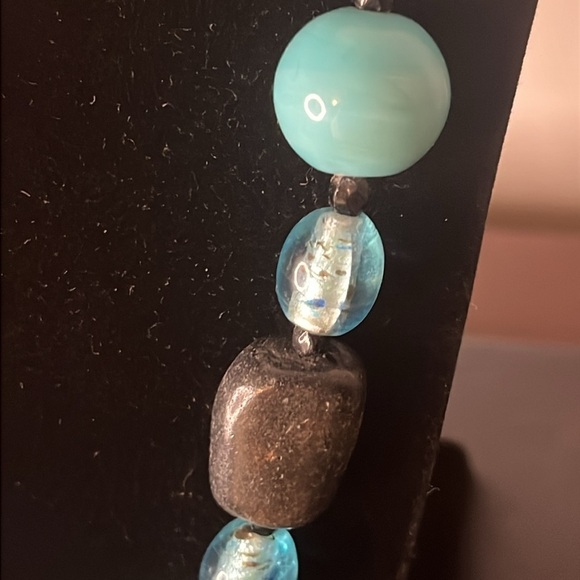 Vintage Blue Glass and Black Stone Beaded Chunky Necklace - Picture 3 of 4